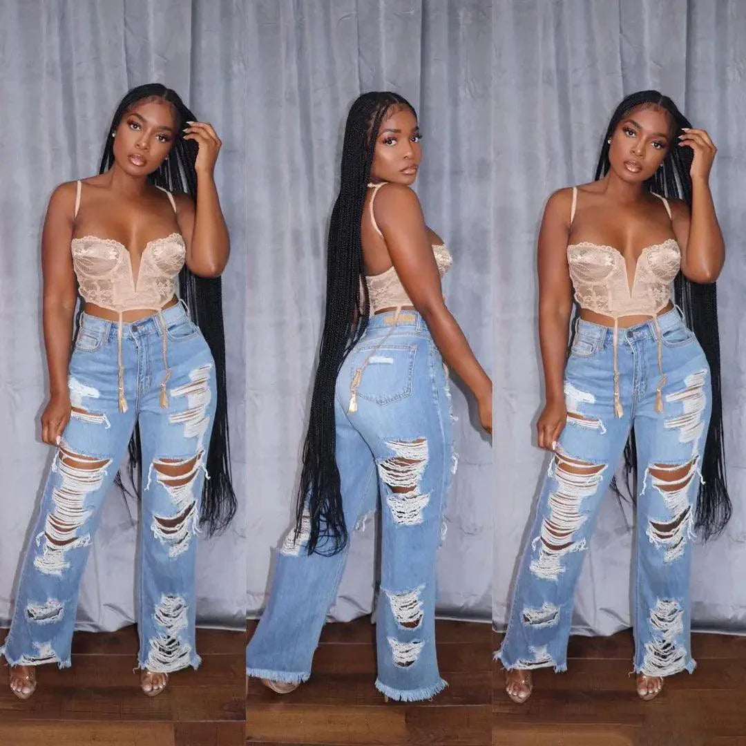 Jeans en Denim Élegants à Découpes pour Femmes - Taille Haute Slim Fit