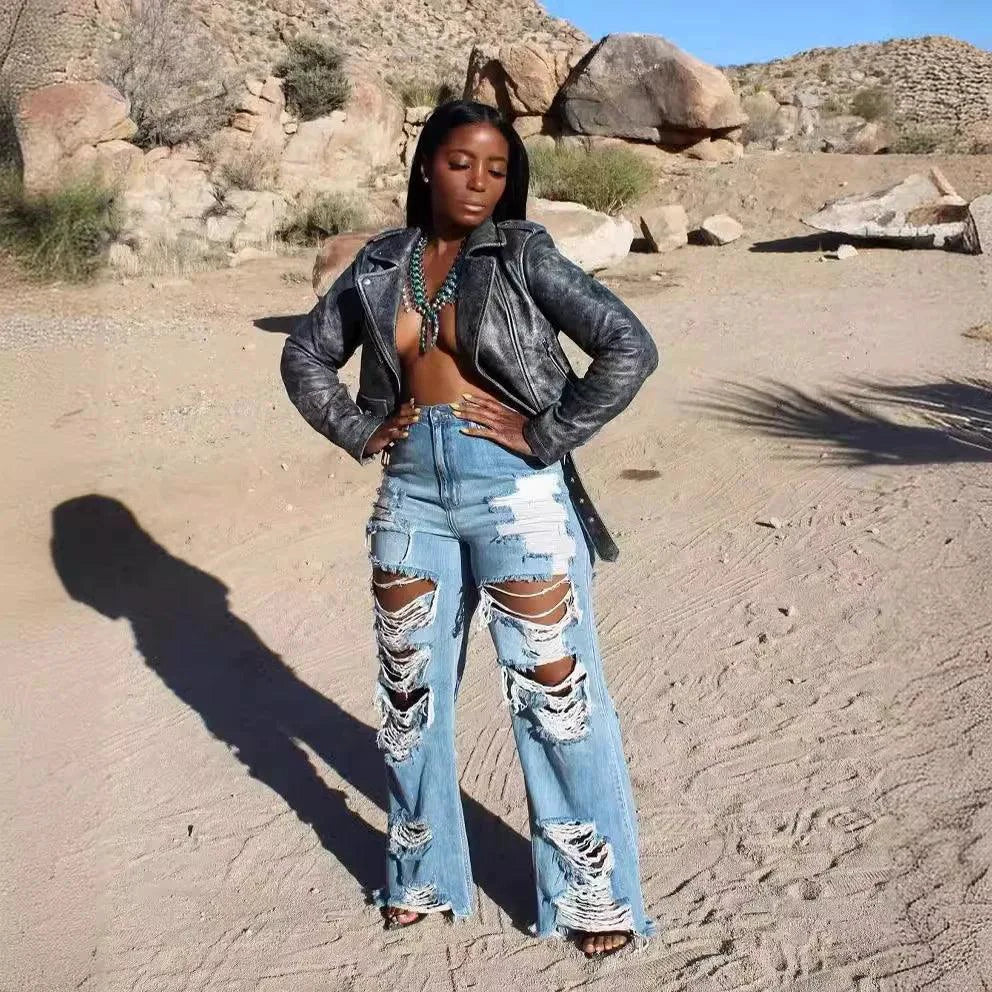 Jeans en Denim Élegants à Découpes pour Femmes - Taille Haute Slim Fit