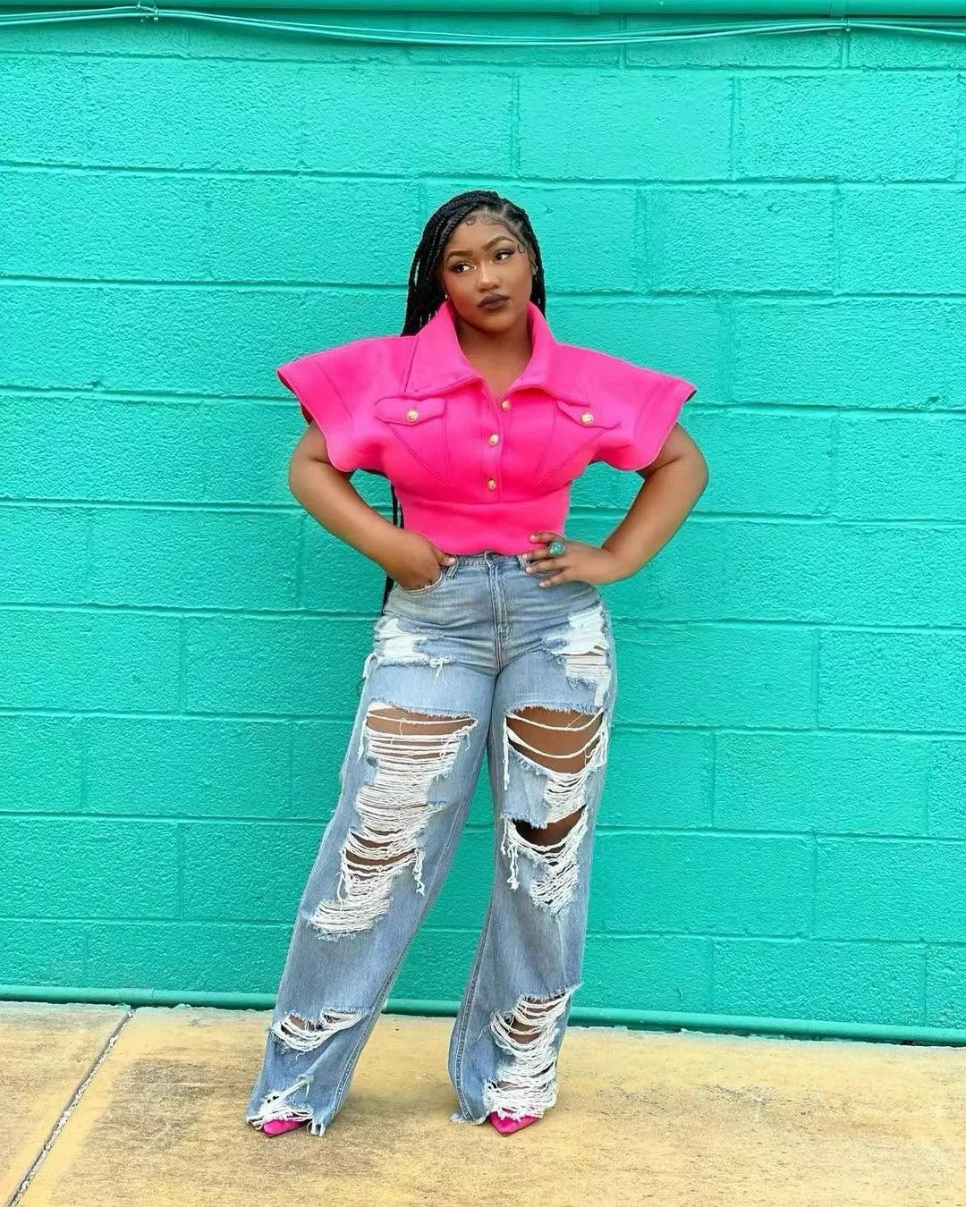 Jeans en Denim Élegants à Découpes pour Femmes - Taille Haute Slim Fit