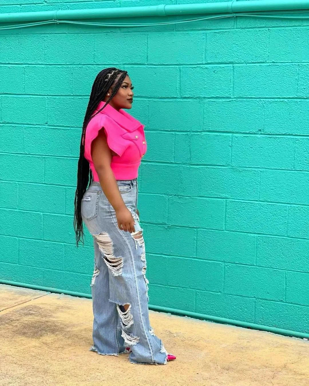 Jeans en Denim Élegants à Découpes pour Femmes - Taille Haute Slim Fit