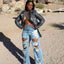 Jeans en Denim Élegants à Découpes pour Femmes - Taille Haute Slim Fit