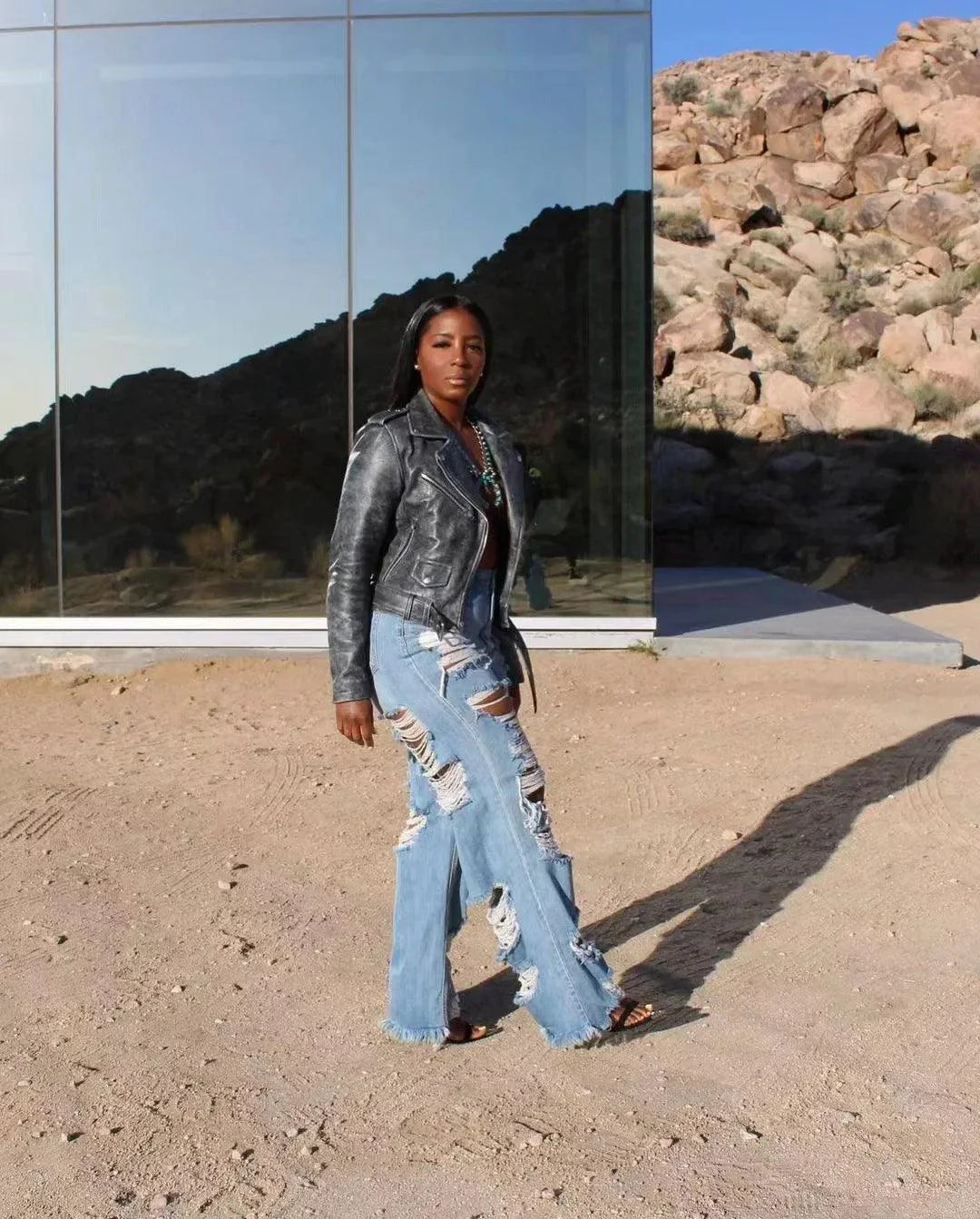 Jeans en Denim Élegants à Découpes pour Femmes - Taille Haute Slim Fit