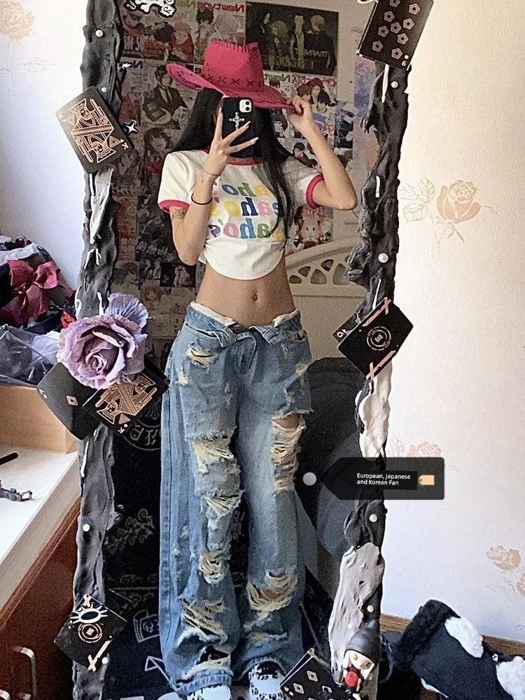 Plus Size High Street Wide Leg Ripped Denim Pants
