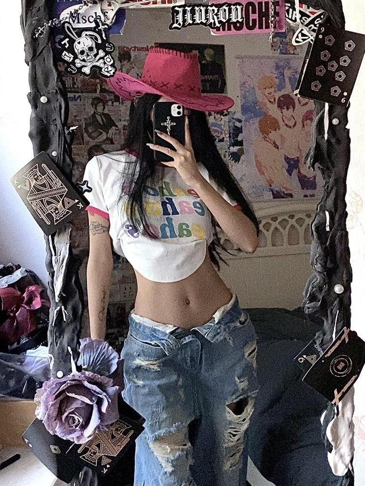 Plus Size High Street Wide Leg Ripped Denim Pants