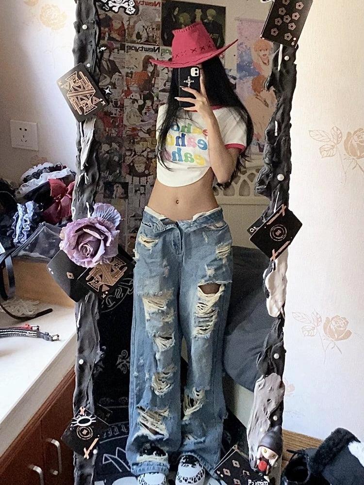 Plus Size High Street Wide Leg Ripped Denim Pants