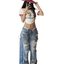 Plus Size High Street Wide Leg Ripped Denim Pants