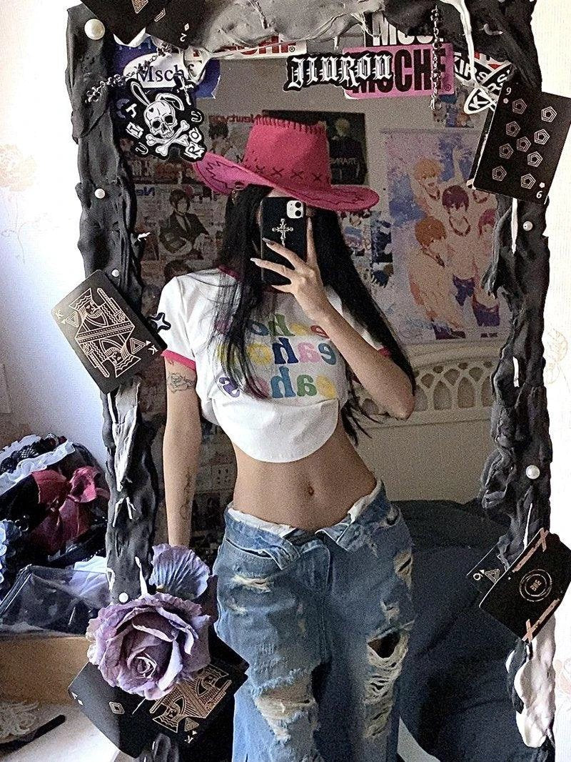 Plus Size High Street Wide Leg Ripped Denim Pants