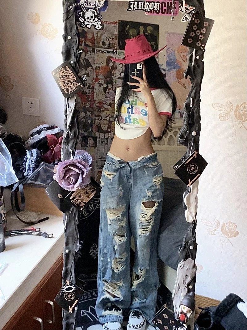 Plus Size High Street Wide Leg Ripped Denim Pants