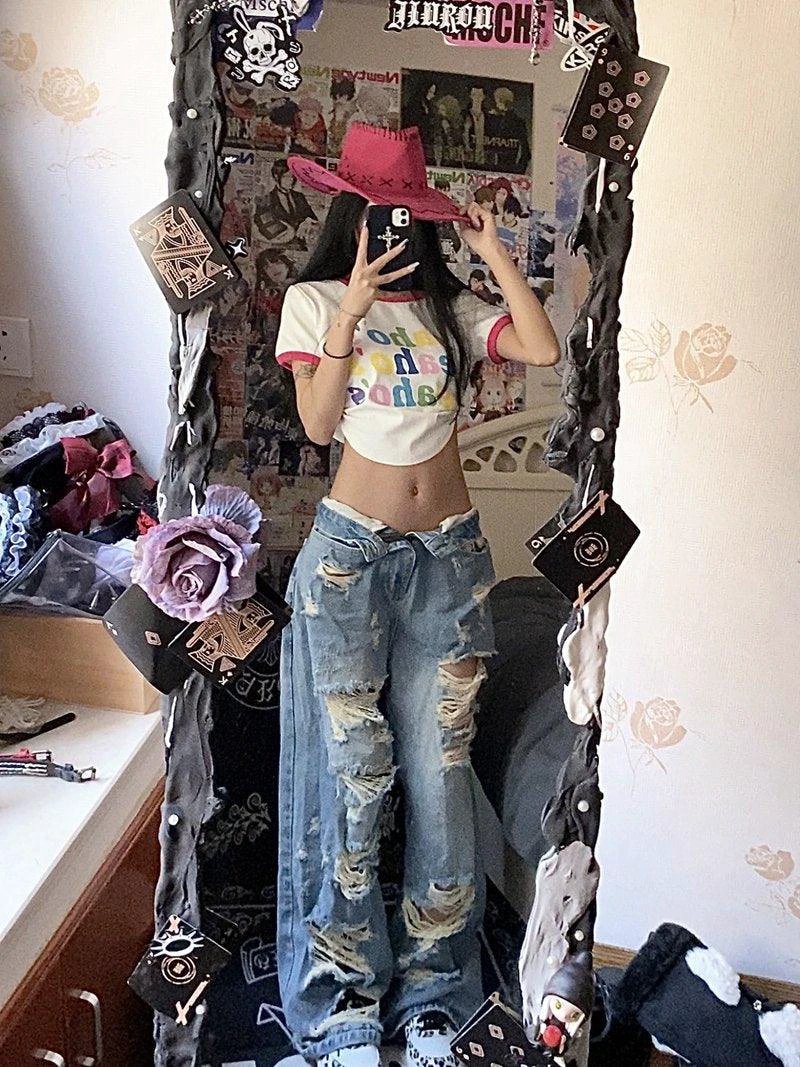 Plus Size High Street Wide Leg Ripped Denim Pants