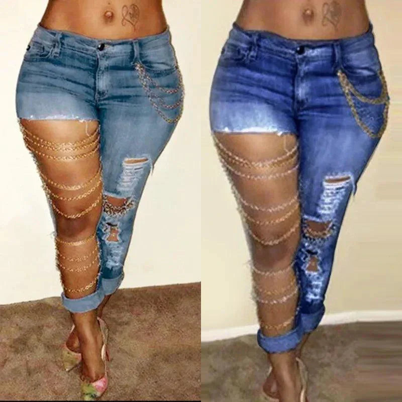 Pantalones de mezclilla ajustados para mujer con agujeros y cadenas elegantes
