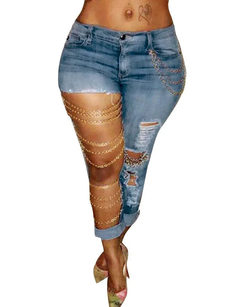 Pantalones de mezclilla ajustados para mujer con agujeros y cadenas elegantes