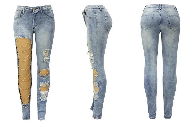 Pantalones de mezclilla ajustados para mujer con agujeros y cadenas elegantes