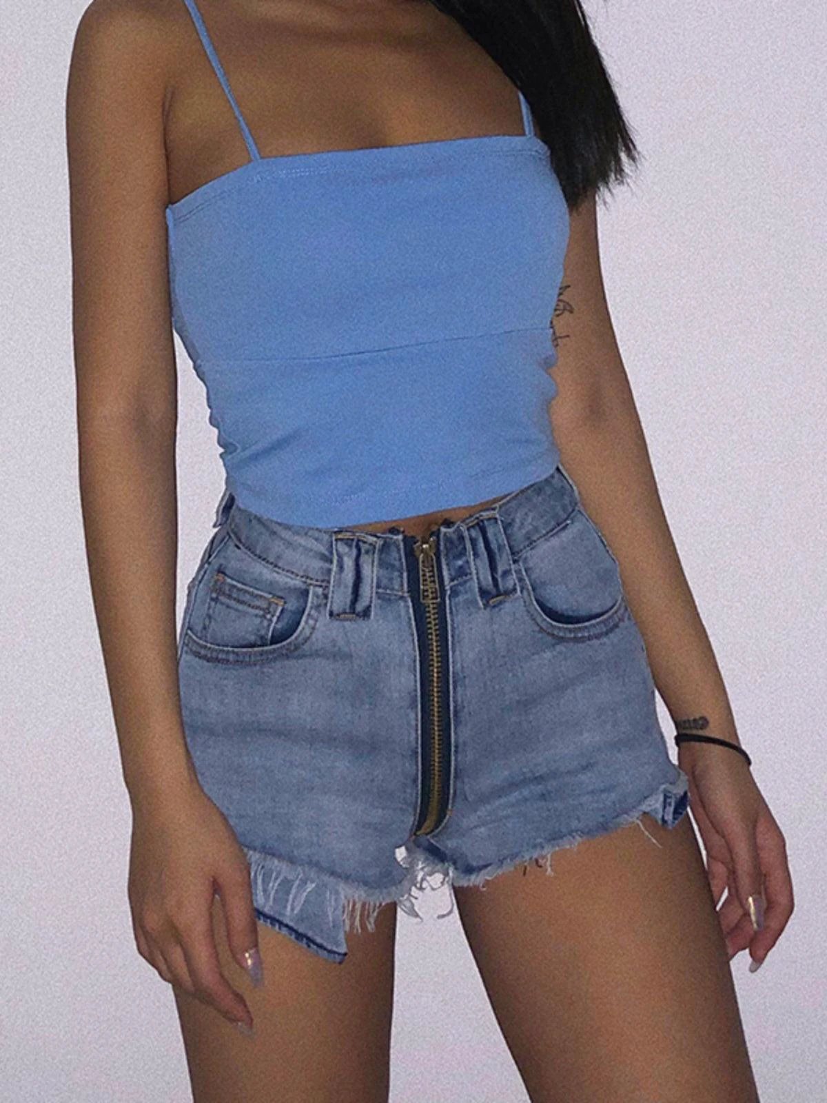 Shorts en Jean Taille Haute Xuan Ya avec Fermeture Éclair sur la Hanche