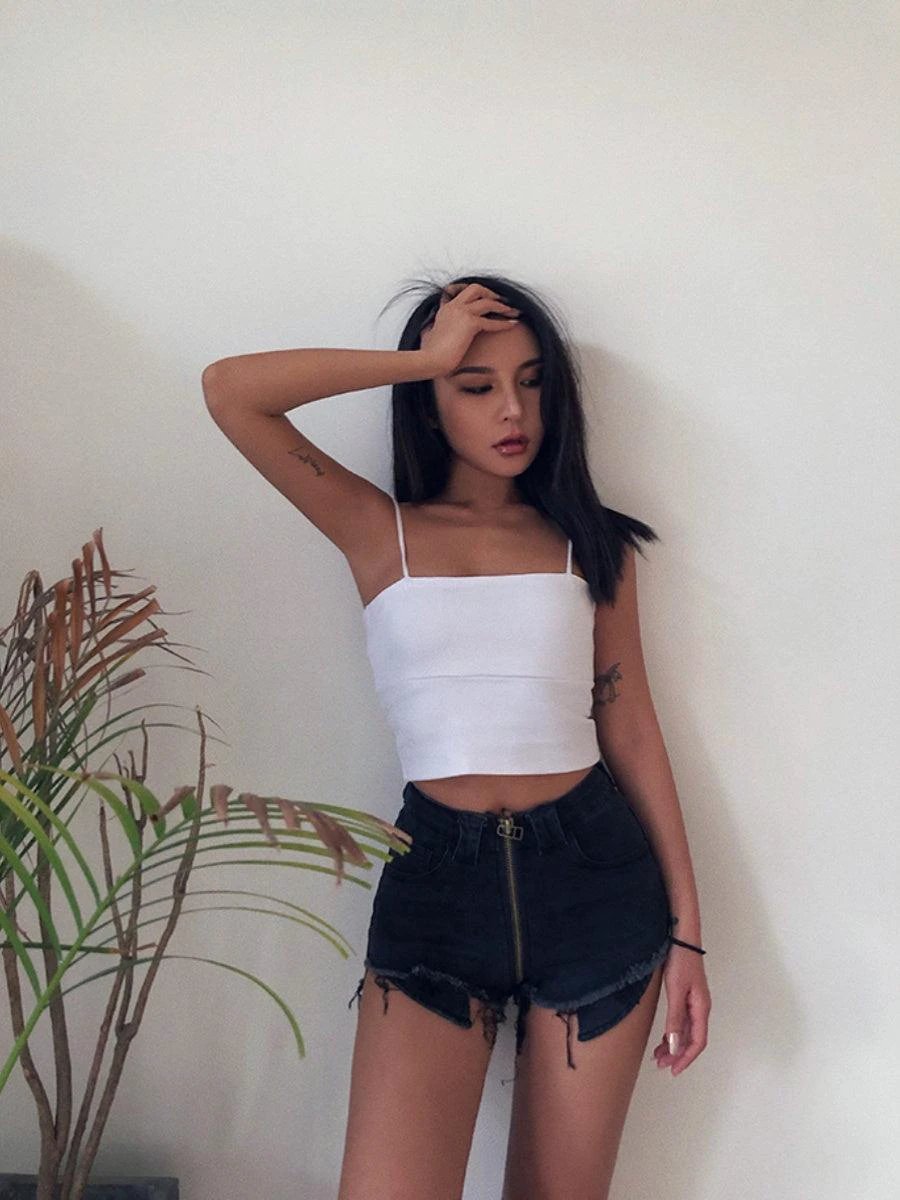 Shorts en Jean Taille Haute Xuan Ya avec Fermeture Éclair sur la Hanche
