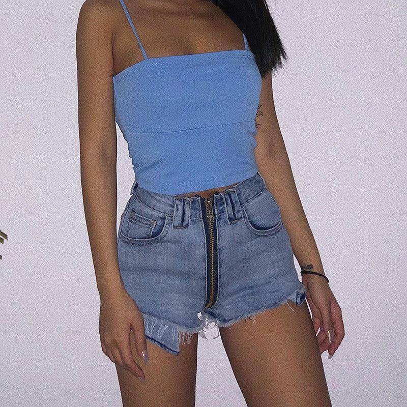 Shorts en Jean Taille Haute Xuan Ya avec Fermeture Éclair sur la Hanche