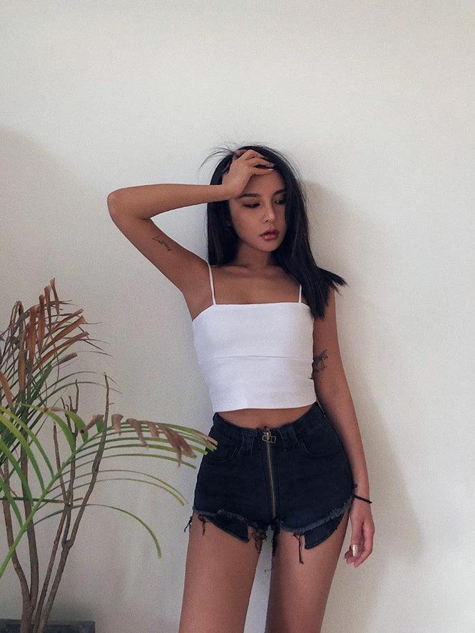 Shorts en Jean Taille Haute Xuan Ya avec Fermeture Éclair sur la Hanche