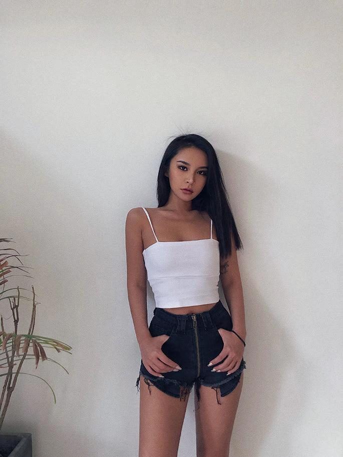 Shorts en Jean Taille Haute Xuan Ya avec Fermeture Éclair sur la Hanche
