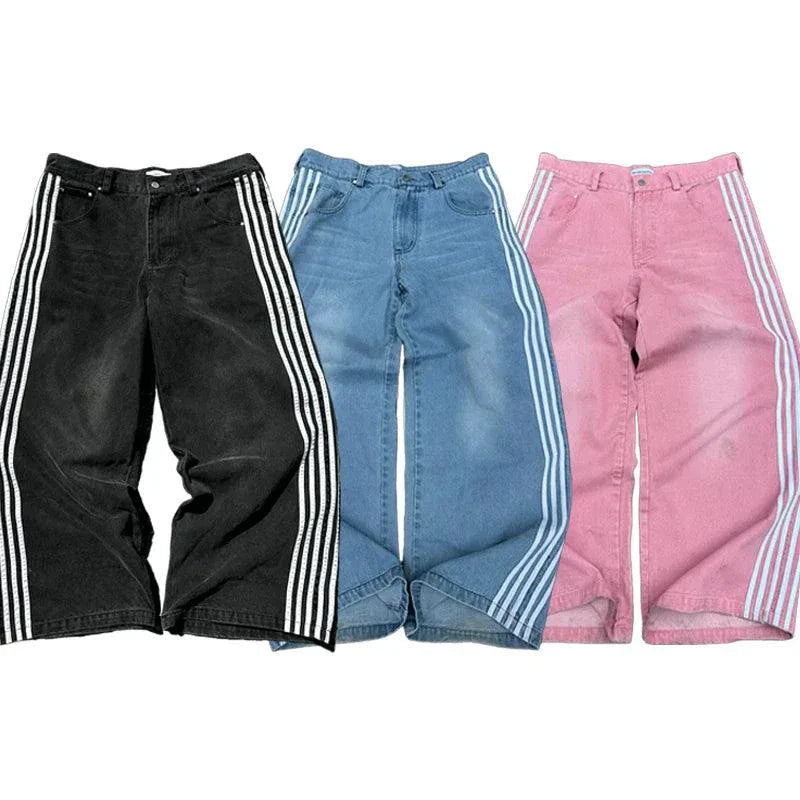 Jeans Baggy Y2K - Pantalons de Sport Vintage Rayés Brodés