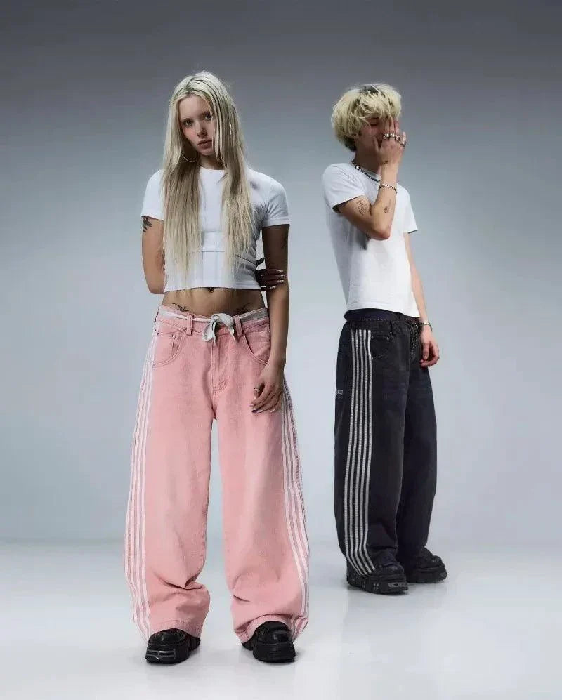Jeans Baggy Y2K - Pantalons de Sport Vintage Rayés Brodés