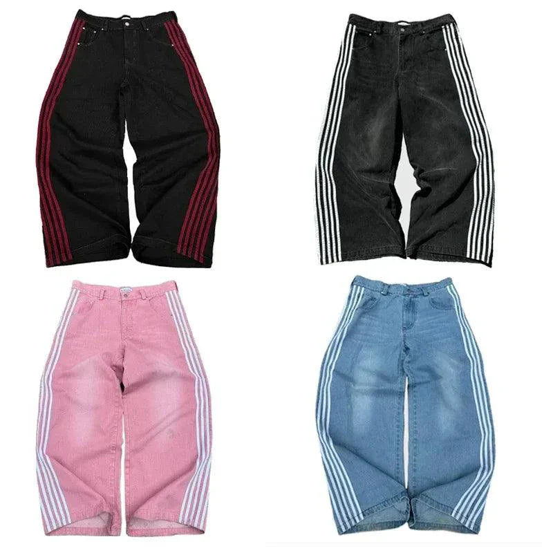 Jeans Baggy Y2K - Pantalons de Sport Vintage Rayés Brodés