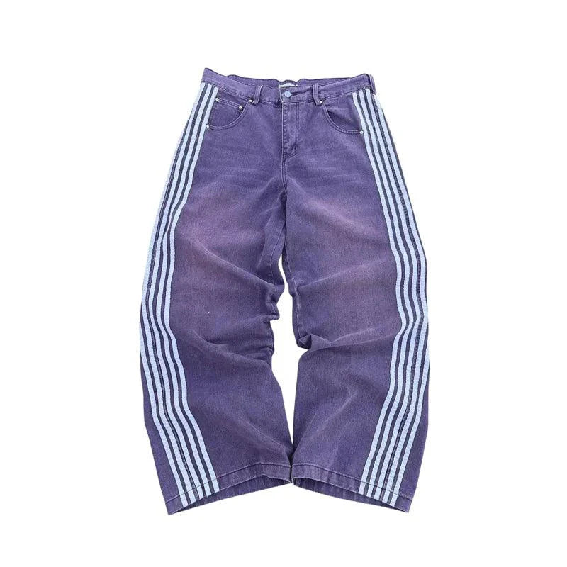 Jeans Baggy Y2K - Pantalons de Sport Vintage Rayés Brodés
