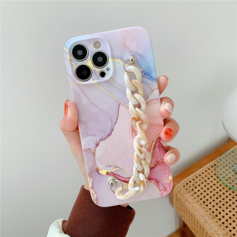 Chic Marble Wrist Strap Phone Case for iPhone 14/13/12/11 Series - Slim & Shockproof - Korvel