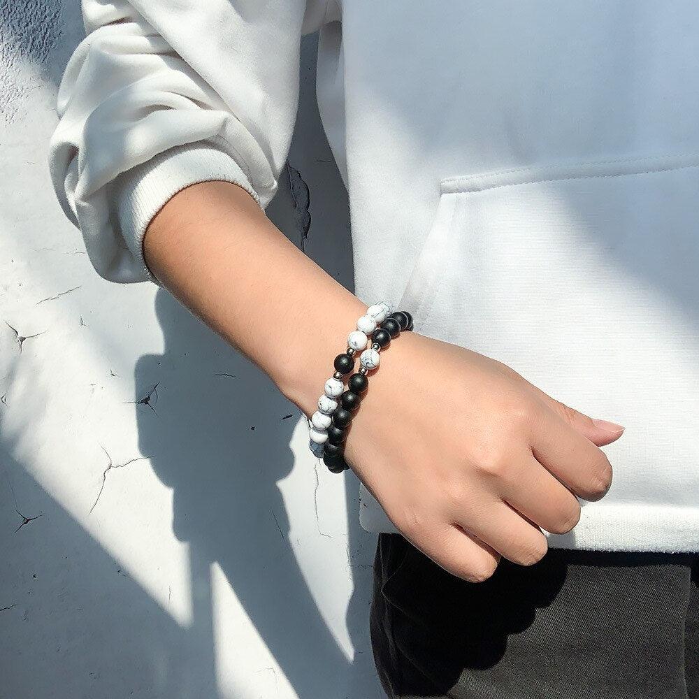 Matching Couple Charm Beads Bracelets - Natural Rock Stone Wristlets