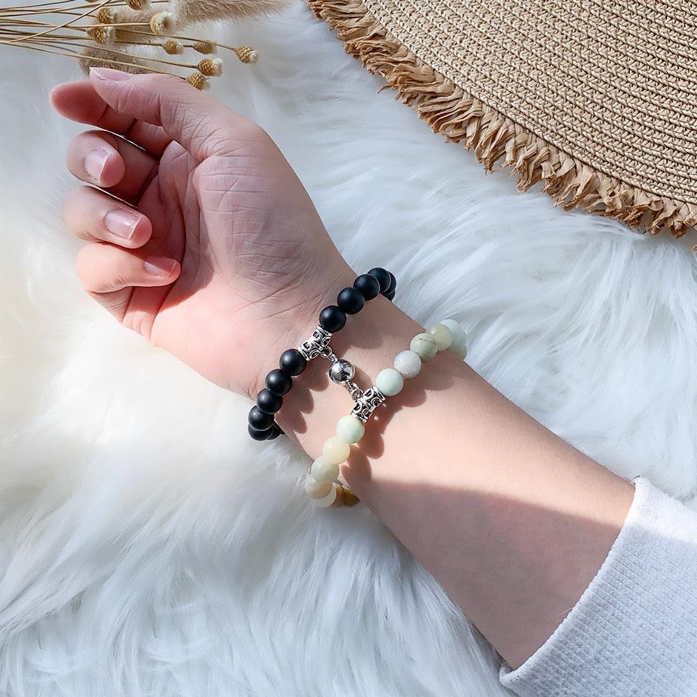Matching Couple Charm Beads Bracelets - Natural Rock Stone Wristlets