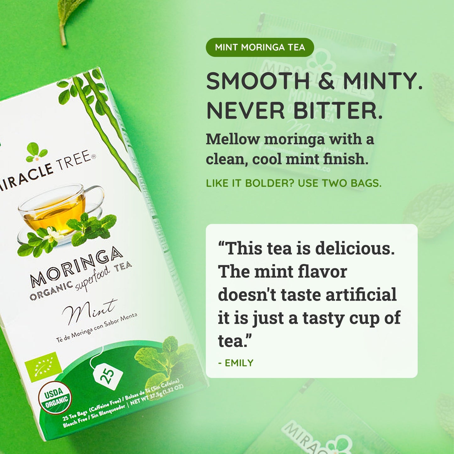Organic Moringa Tea with Mint - 25 Wrapped Tea Bags