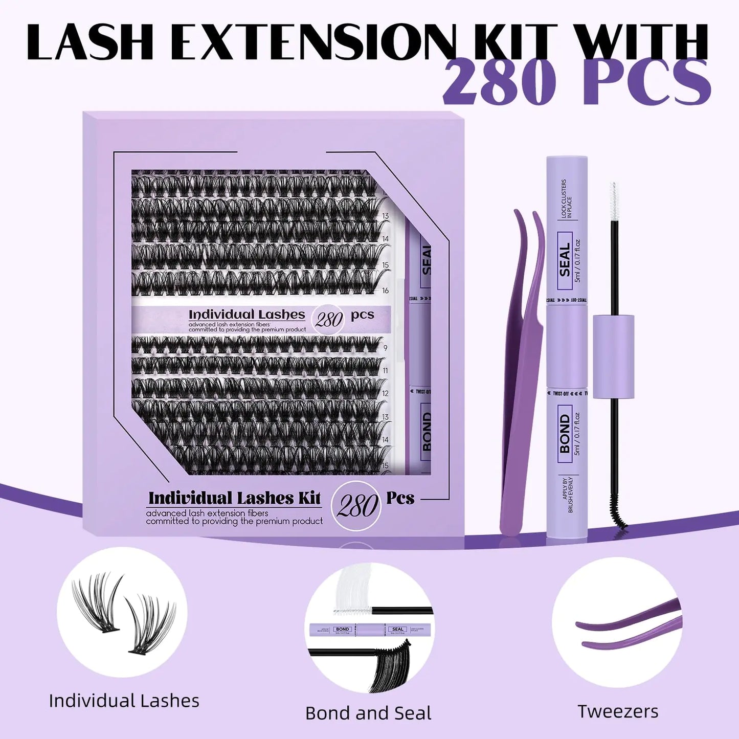 Kit de Extensión de Pestañas para Principiantes - 280pcs de Grupos de Pestañas Mixtos