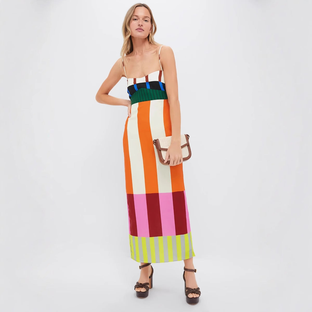 Robe élégante de longueur moyenne à blocs de couleur