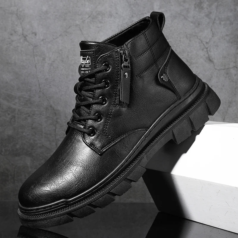 Men Retro Work Ankle Boots Autumn Winter Thick Bottom High Top Casual Boots Leather Boots Chelsea Desert Waterproof  Boots Male - Korvel
