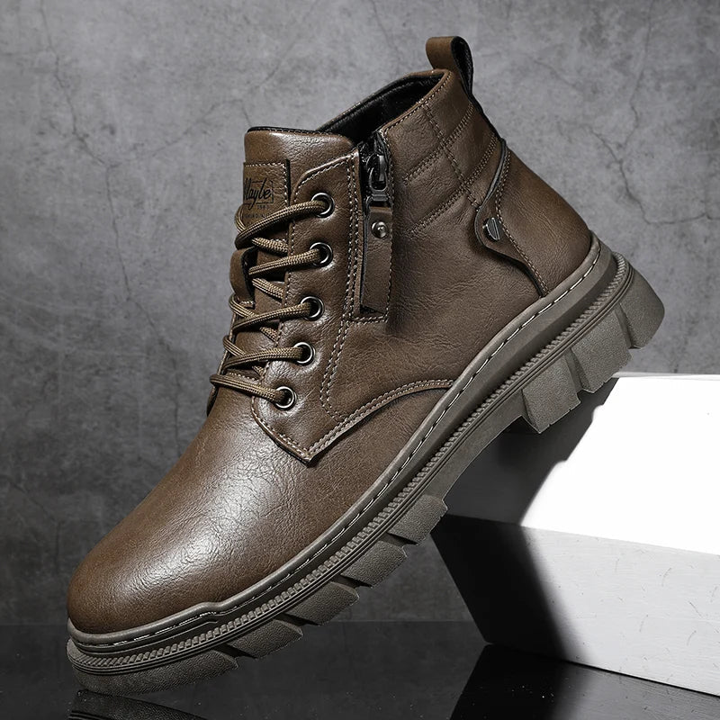 Men Retro Work Ankle Boots Autumn Winter Thick Bottom High Top Casual Boots Leather Boots Chelsea Desert Waterproof  Boots Male - Korvel