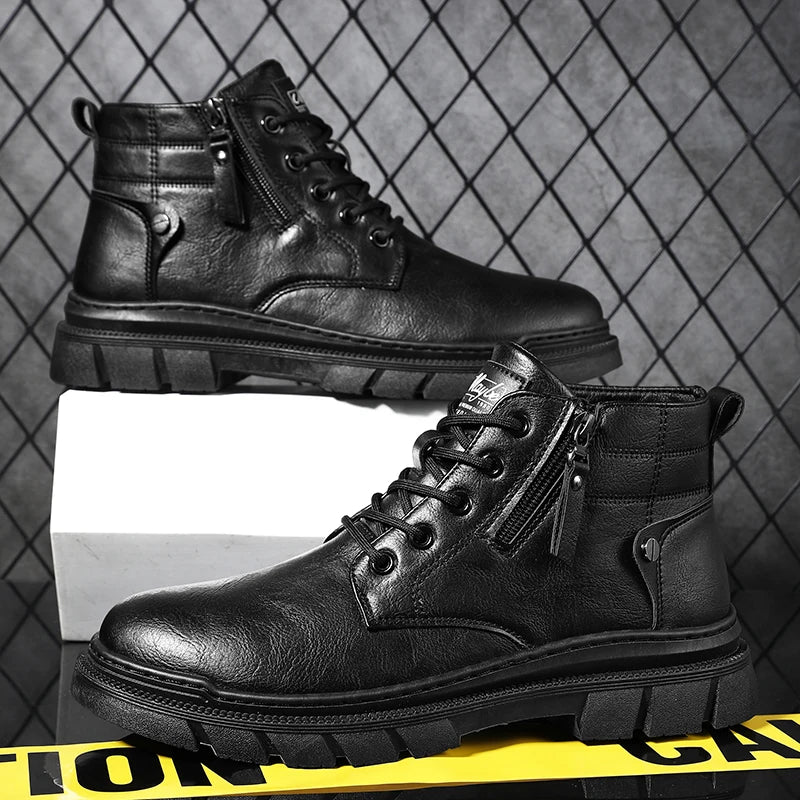 Men Retro Work Ankle Boots Autumn Winter Thick Bottom High Top Casual Boots Leather Boots Chelsea Desert Waterproof  Boots Male - Korvel