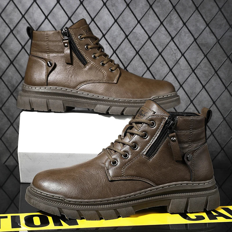 Men Retro Work Ankle Boots Autumn Winter Thick Bottom High Top Casual Boots Leather Boots Chelsea Desert Waterproof  Boots Male - Korvel