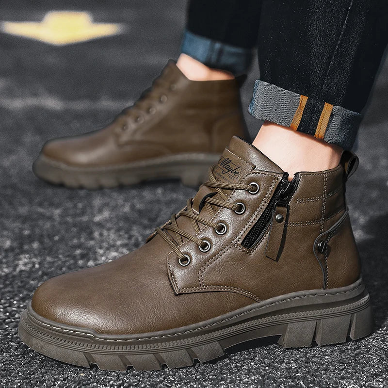 Men Retro Work Ankle Boots Autumn Winter Thick Bottom High Top Casual Boots Leather Boots Chelsea Desert Waterproof  Boots Male - Korvel