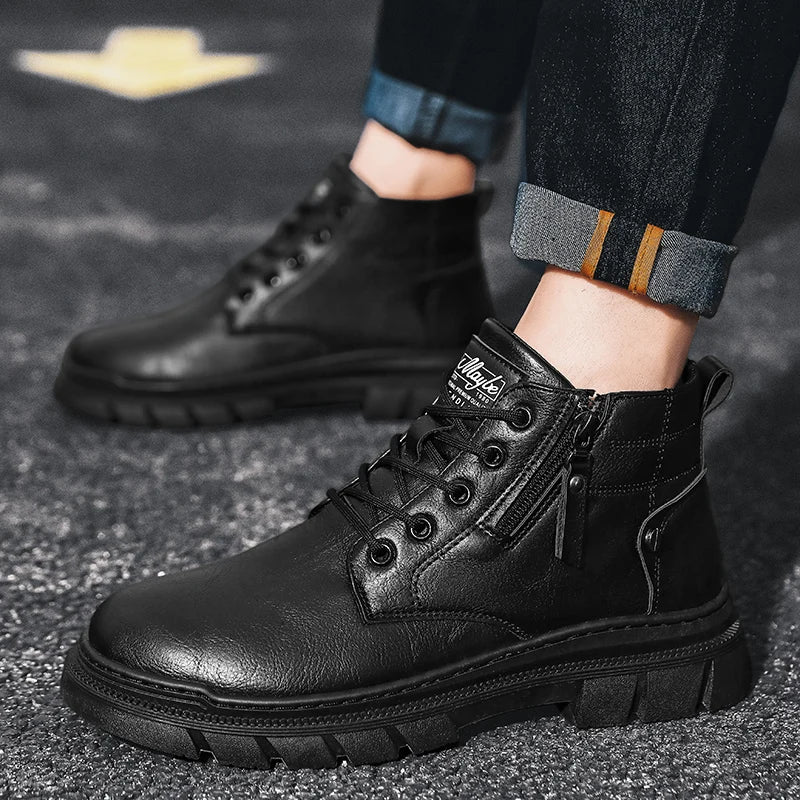 Men Retro Work Ankle Boots Autumn Winter Thick Bottom High Top Casual Boots Leather Boots Chelsea Desert Waterproof  Boots Male - Korvel