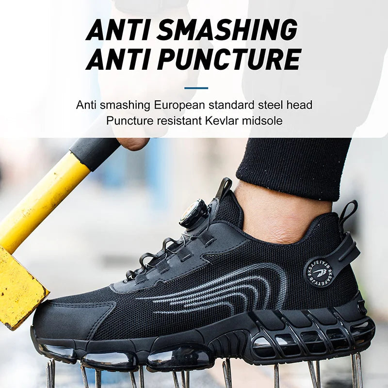 Men's safety shoes with steel toe caps anti smashing and anti piercing breathable lightweight rotating buttons for summer work - Korvel