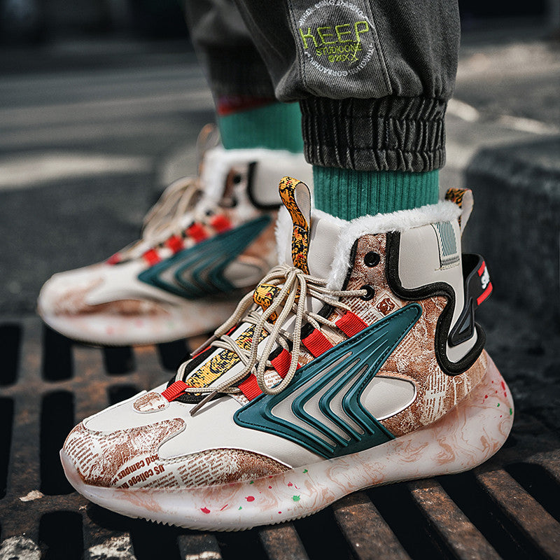 Men's trendy luminous running shoes student graffiti high-top shoes plus velvet warm sports shoes - Korvel