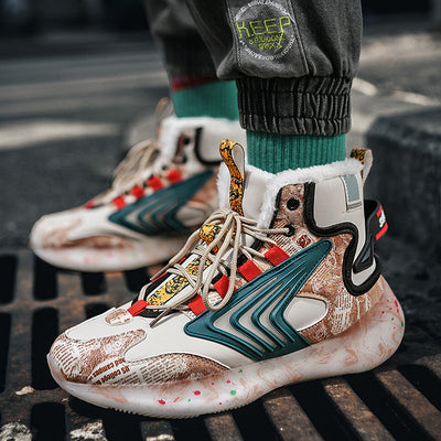 Men's trendy luminous running shoes student graffiti high-top shoes plus velvet warm sports shoes - Korvel
