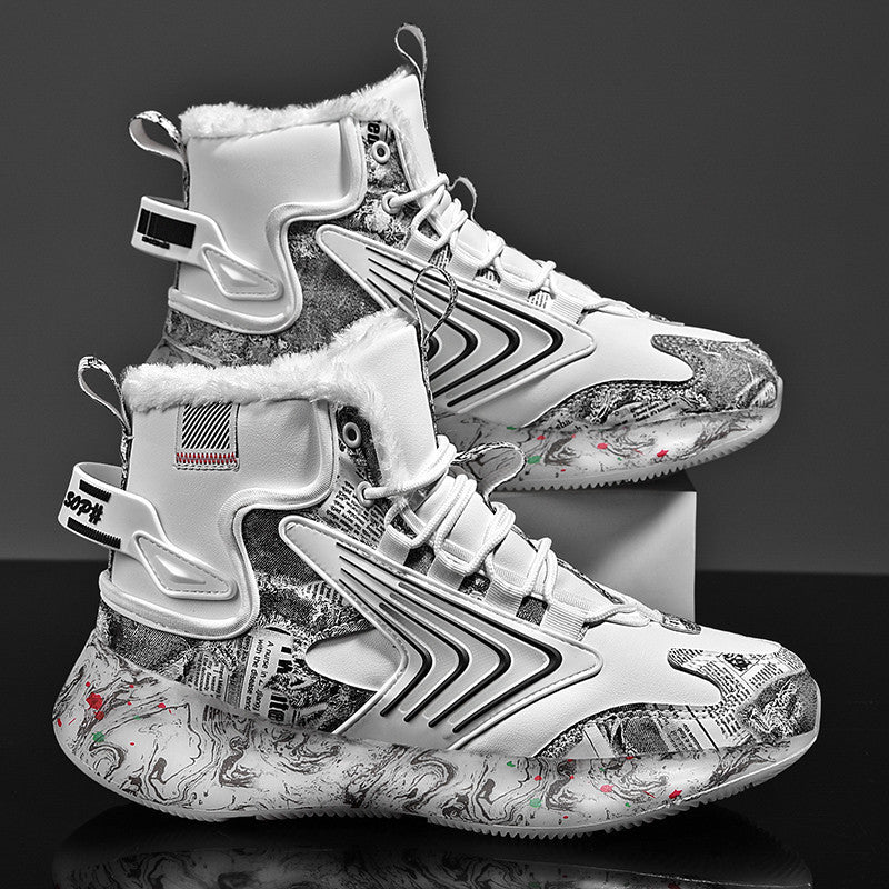 Men's trendy luminous running shoes student graffiti high-top shoes plus velvet warm sports shoes - Korvel