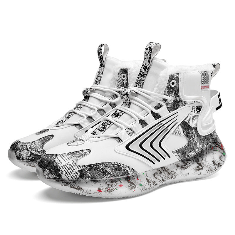 Men's trendy luminous running shoes student graffiti high-top shoes plus velvet warm sports shoes - Korvel