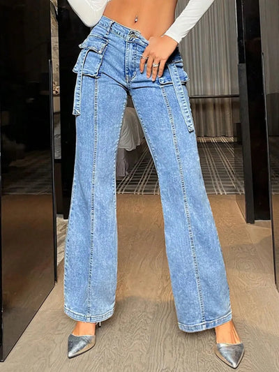 Mid Rise Straight Jeans with Cargo Pockets - Korvel