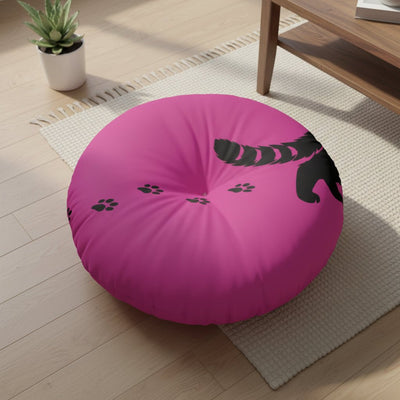 Midnight Cat Walk Round Floor Pillow - Hot Pink Paw Print Cushion