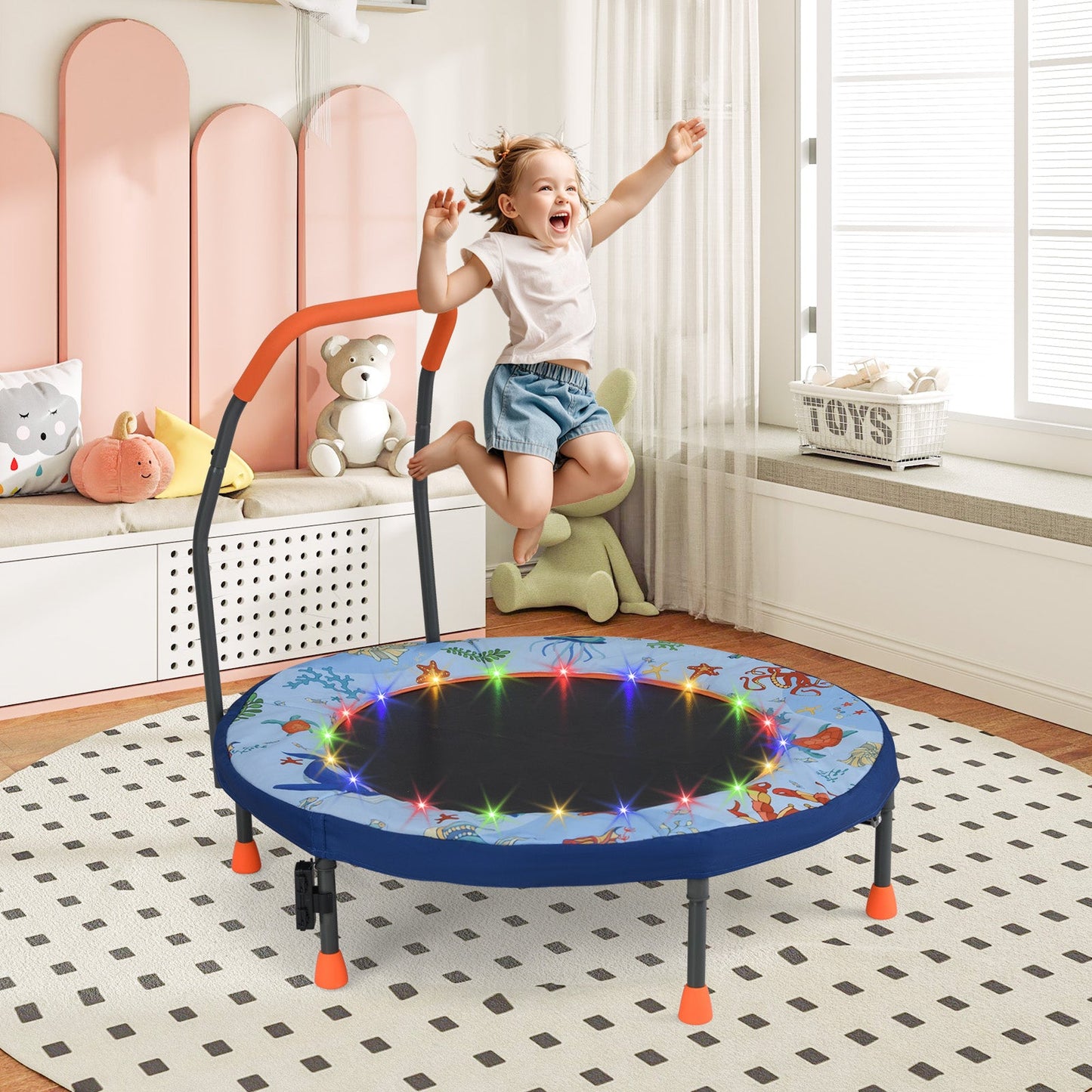 Mini Trampoline Folding Small Rebounder for Kids with Lights - Blue