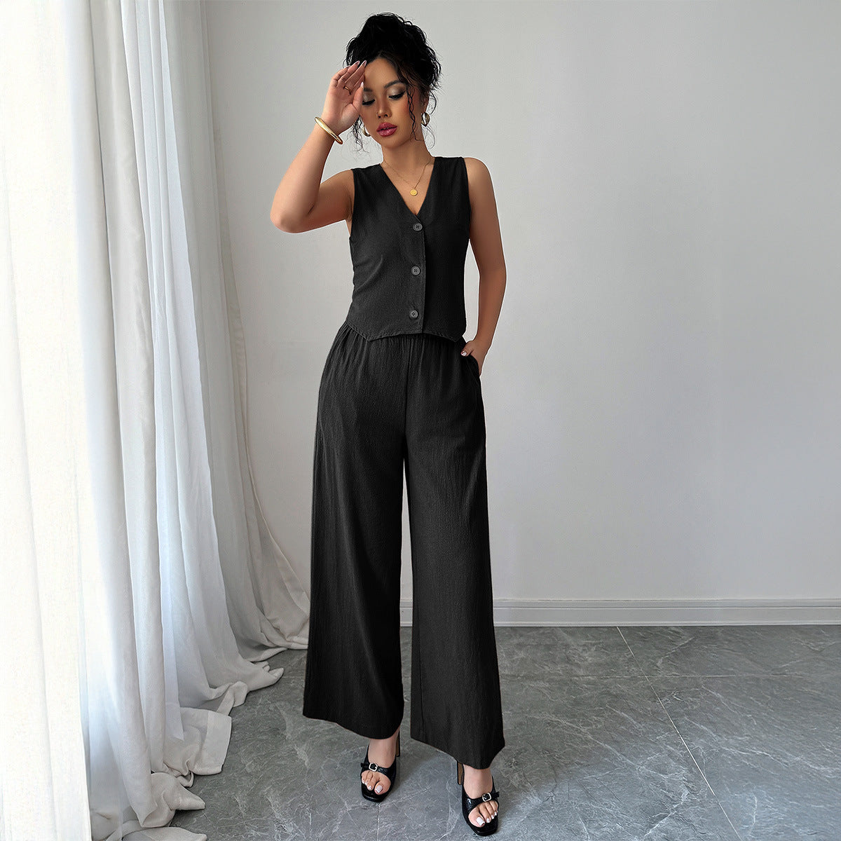 Minimally Sleeveless T-shirt Wide Leg Pants Set