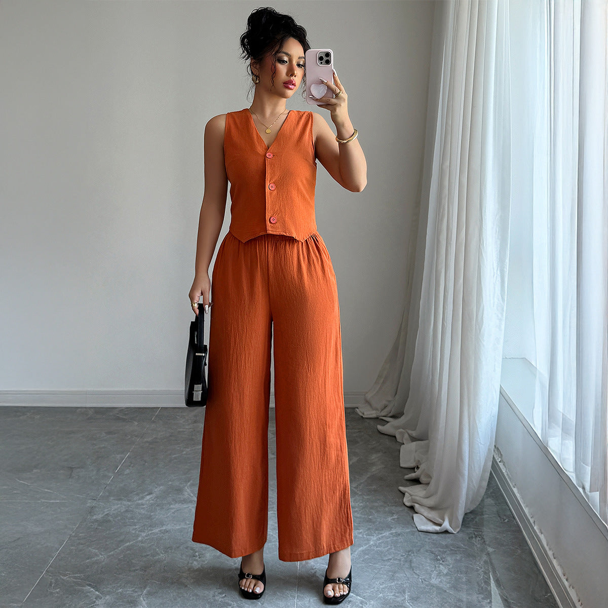 Minimally Sleeveless T-shirt Wide Leg Pants Set