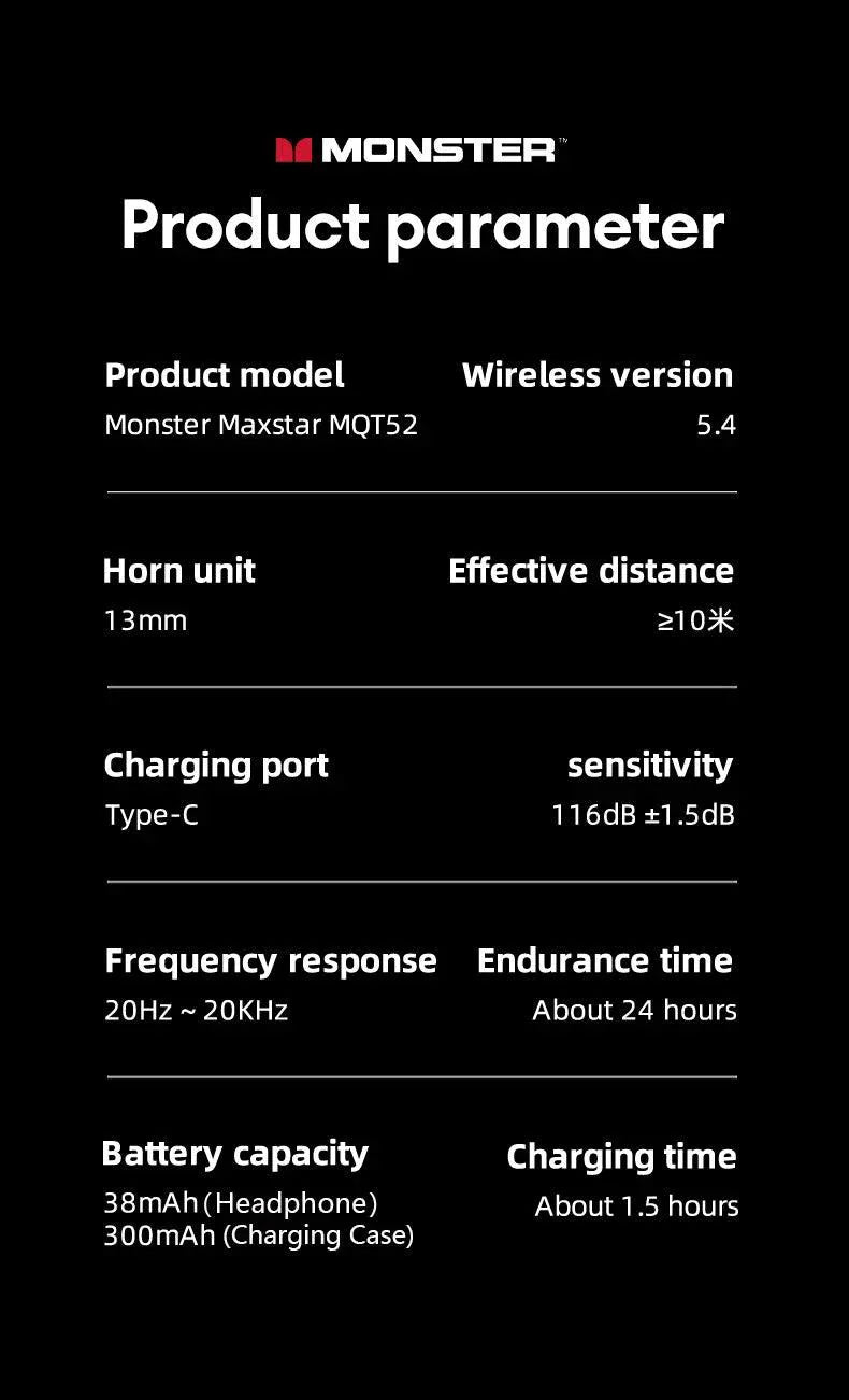 Auriculares Inalámbricos Bluetooth 5.4 Monster MQT52 con Larga Duración de Batería