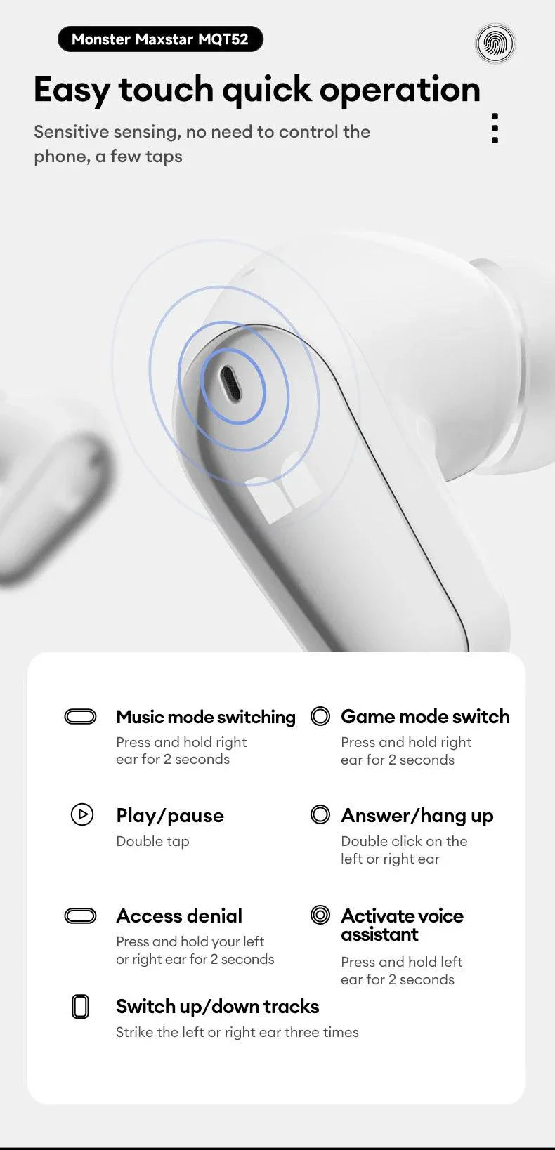 Auriculares Inalámbricos Bluetooth 5.4 Monster MQT52 con Larga Duración de Batería