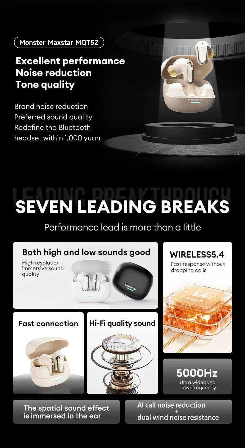 Auriculares Inalámbricos Bluetooth 5.4 Monster MQT52 con Larga Duración de Batería